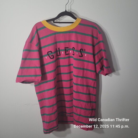 Guess L J Balvin Collab Pink Green Stripe Tee Yellow Collar Logo Shirt - Picture 1 of 7